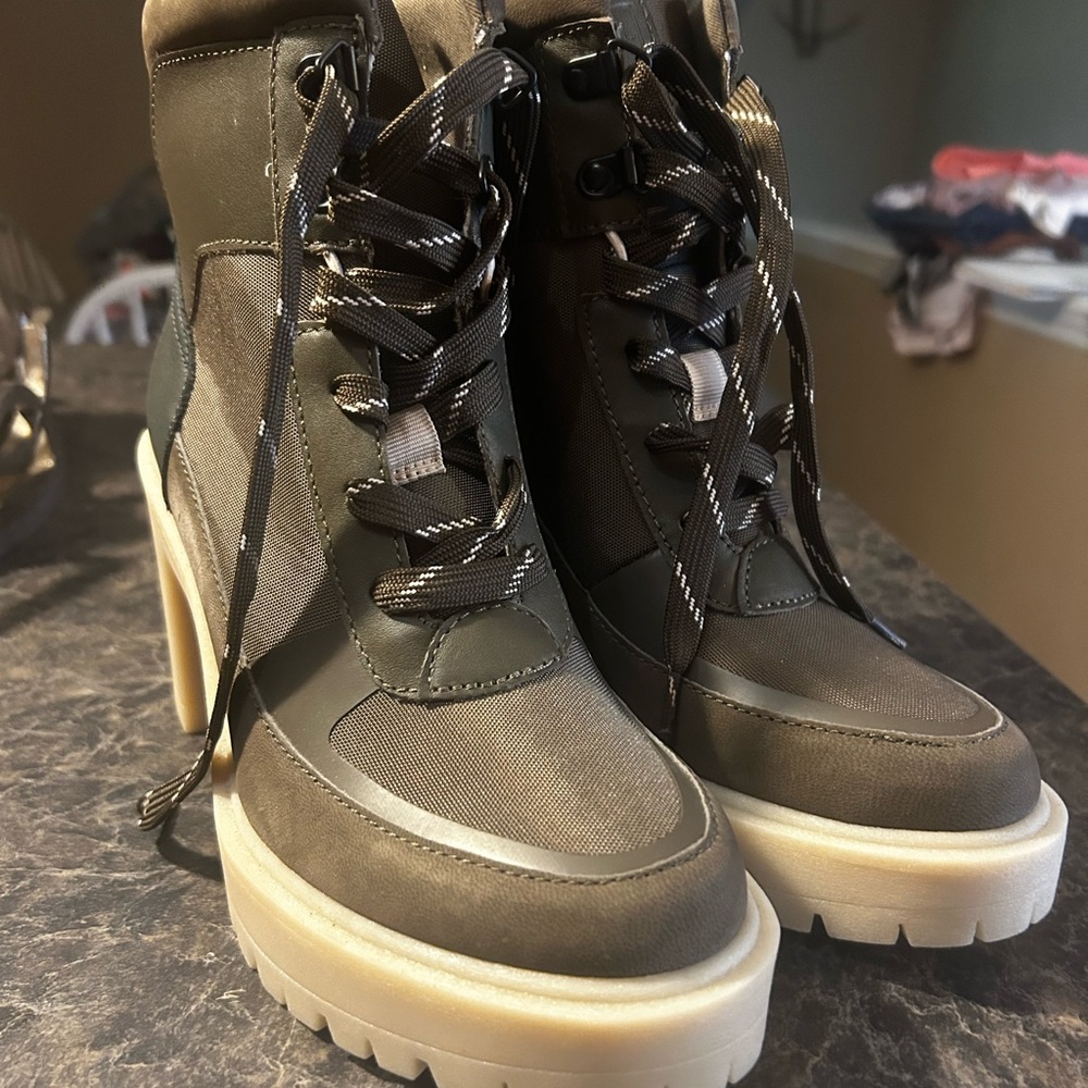 Dolce Vita Black and Cream Lace Up Boots with Chunky Sole
